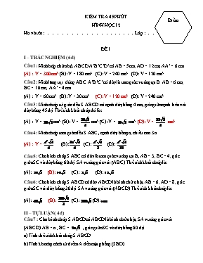 Kiểm tra 45p Hình học 12 - Đề số 1 (Có đáp án)